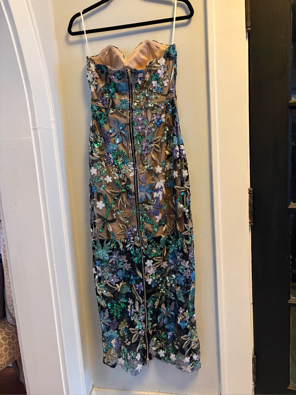 Alice + Olivia Strapless Floral Embroidered Midi Dress in Green and Blue - Picture 4 of 7